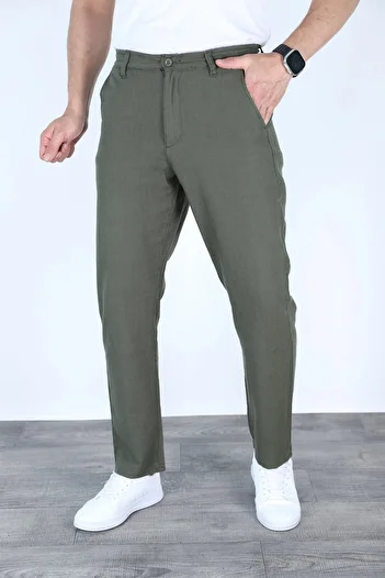 MYRAB DENİM Summer Comfortable Fit Linen Trousers Khaki