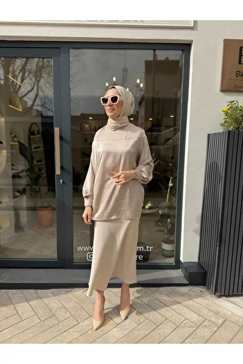 QOOQ STORE Women's Suit with Crepe Satin Draped Sand Skirt Beige