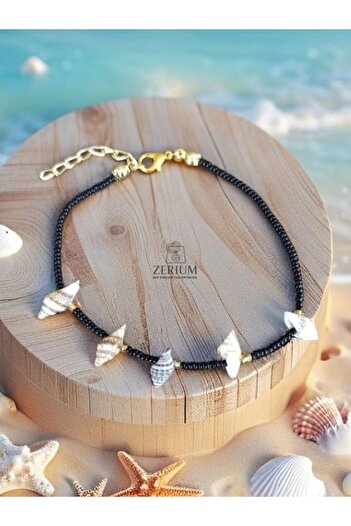 ZERİUM Bohemian Anklet with Seashell Detail Sand Beads – 23 cm Elegant Black