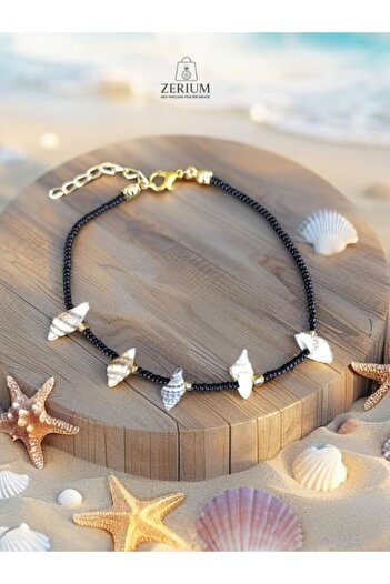 ZERİUM Bohemian Anklet with Seashell Detail Sand Beads – 23 cm Elegant Black