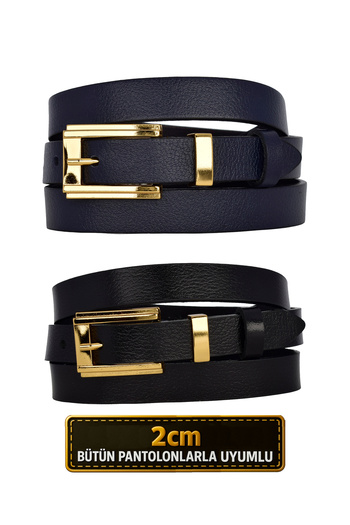 GoDeri Set de 2 curele din piele naturală 100% cu cataramă de costum de culoare aurie 2 cm pentru femei Bleumarin, Negru_ BIG_gOLD