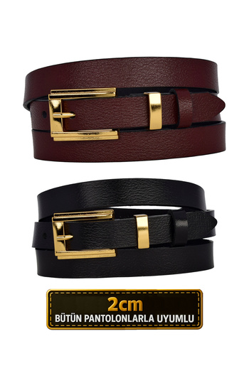 GoDeri 100% Genuine Leather Set of 2 Gold Color Set Buckle 2cm Women's Belt Claret Red, Black_ Large_Gold