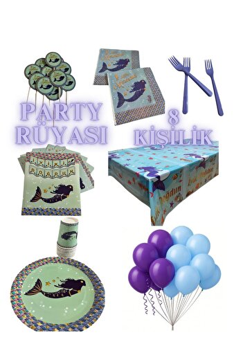 partyrüyası Mermaid Themed Birthday Set for 8 People