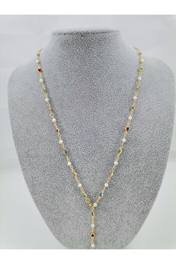 Hobimos Y Necklace with Colored Stone and Pearl Detail