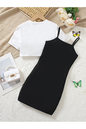 İBRE Cotton Flying Butterfly Detail Top White Crop Bottom Printed Black Dress