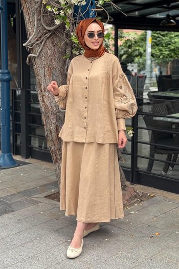 Kayra Balloon Sleeve Embroidered Linen Skirt Suit