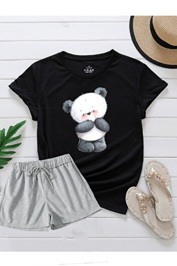 makiteks 2'Li Set Solid Color Women's Regular Shorts and Tshirt T-Shirt Listen Panda