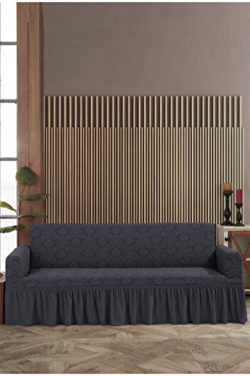 OEM Elastic sofa cover with ruffles, 3-seater, jacquard, Dark grey, 200 x 240 cm