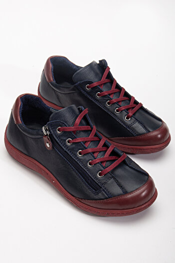 CANİLH Hakiki Deri Yumuşak Tabanlı Kadın Lacivert Bordo Sneaker Günlük Spor Ayakkabı