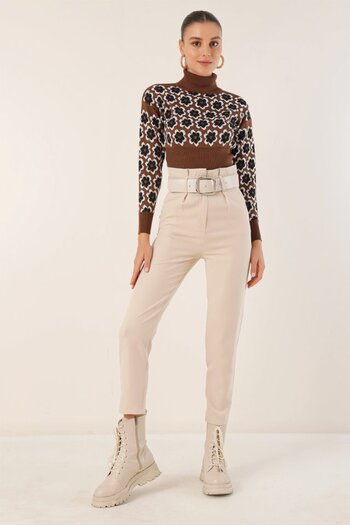 Giyimodam 6556 Belted Fabric Trousers - Cream