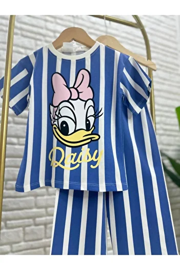 Magu Girls' Cotton Blue Striped Daisy Duck Printed T-Shirt and Pants Set