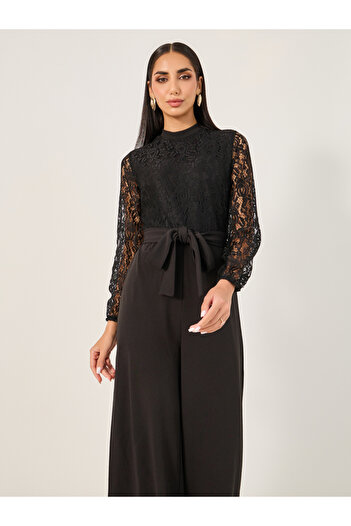 Styli Lace Insert Wide Leg Jumpsuit with Waist Tie-Up Detail
