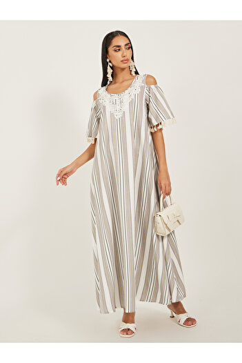 Take Two By Styli Striped Cold Shoulder Sleeves A-Line Maxi Dress
