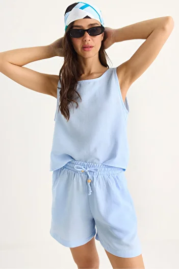 Bianco Lucci Women's Thick Strap Blouse Elastic Waist Pocket Shorts Muslin Set 3310 60283414