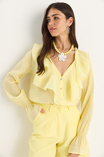 Bianco Lucci Women's Ruffled Collar and Gathered Sleeves Stylish Shirt 60283413