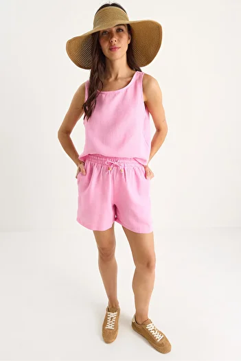 Bianco Lucci Women's Thick Strap Blouse Elastic Waist Pocket Shorts Muslin Set 3310 60283414