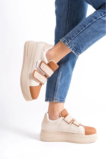 Joy Ayakkabı Valencia Laceless Velcro Orthopedic Sole Women's Sneaker Sports Shoes Ctt - Skin/Brown