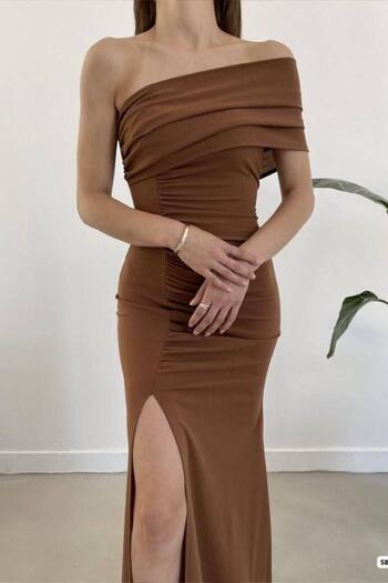 Modafeminen One Shoulder Slit Long Evening Dress Brown 582619