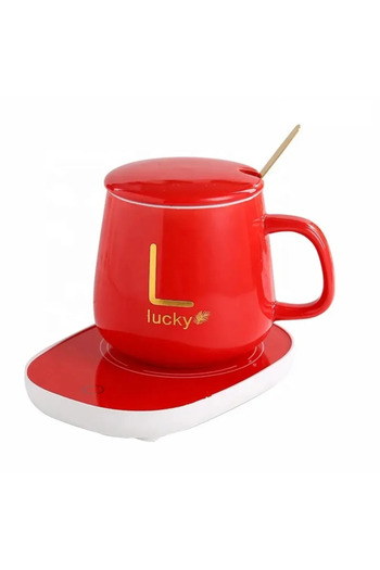 ABYZ Ceramic heated mug set, 350ml, elegant design with gold 'Lucky' lettering and vibrant red