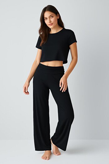 Artış Straight Leg Folded Waist Jersey Stretchy Viscose Trousers