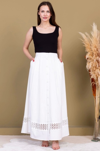 lodmela Lace Detailed Pleated Cotton Skirt 6025-White