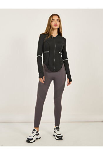 Styli Reflective Arm and Pocket Strip Shoulder Mesh Detail Hooded Jacket