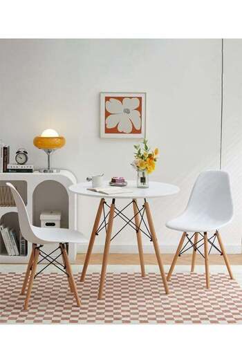 Taimi 3-Piece Compact Mid-Century Modern Dining Set | Round White Table 80x80x72cm with 2-White Chairs