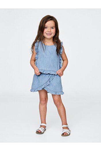 GAP Kız Bebek Mavi Denim Volanlı Şort Etek Takımı