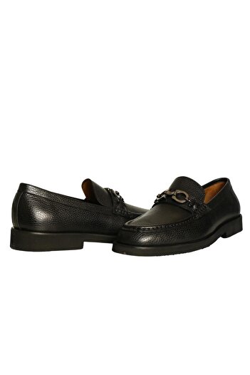 Platin Black Leather Men's Buckle Loafer