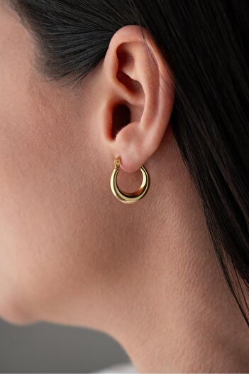 Nereze 925 Ayar Gümüş Gold Rengi Sade 15 mm Şarnel Küpe