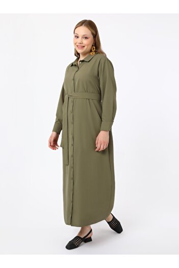 ALİA Plus Size Button-Down Belted Shirt Dress - Khaki - Alia