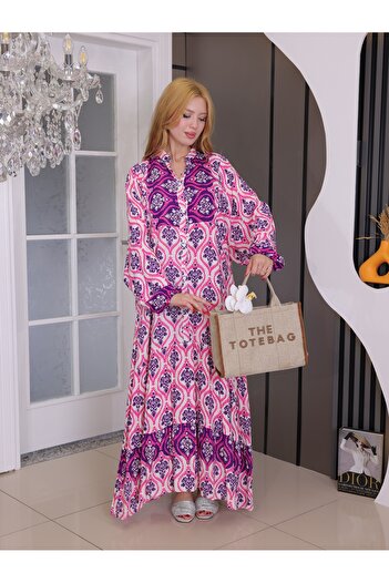 MISS MERCAN Copy - Button Pattern Layered Cotton Viscose Dress Summer Hijab Dress (Wide Fit)