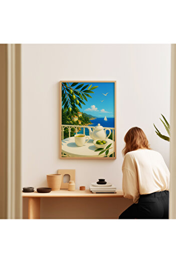 ARTHOUSECOLLECTIVE Poster cu ramură de măsline și vedere la mediteraneană – Tematică Tea Time – Poster fără cadru în dimensiuni de pictură
