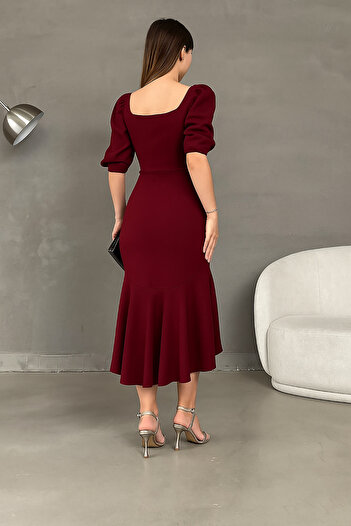 Deafox Burgundy Crepe Fabric Square Neck Balloon Sleeve Fish Model Midi Length Dress