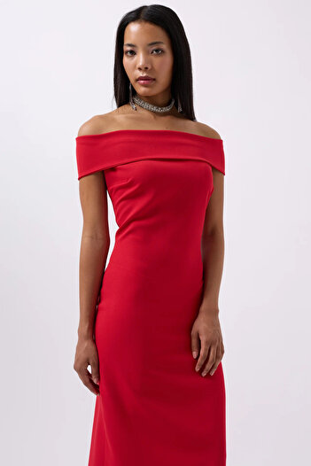 bayansepeti New Season Strapless Shoulder Fold Detailed Back Low-Cut Zipper Detailed Women's Maxi Dress 52225079