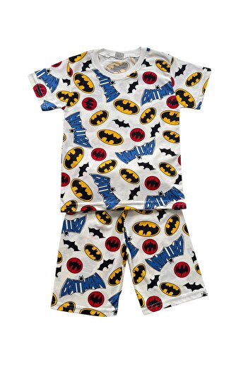 Şekerkids Boy's Cotton Fabric White Color Patterned Short Sleeve Shorts Summer Pajama Set