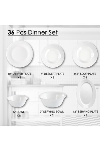 Houzi 36 Pcs Opal ware Dinner set Dinner, Soup & Dessert plate Bowls Serving bowl Serving plate