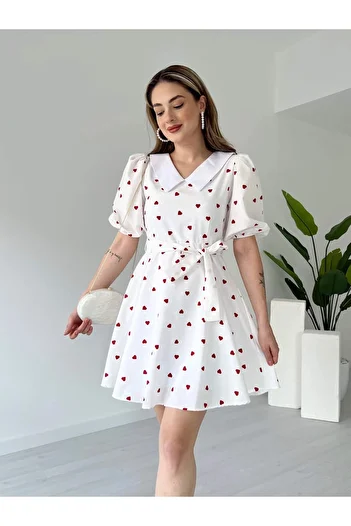 Lusin Women's Heart Patterned Lined Summer Poplin Mini Dress