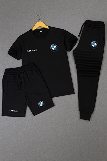 NEW TRENDY COLLECTİON مجموعة رياضية للإنتاج المحلي مع شعار BMW - تي شيرت من القماش المسامي + شورت + طقم بنطال رياضي