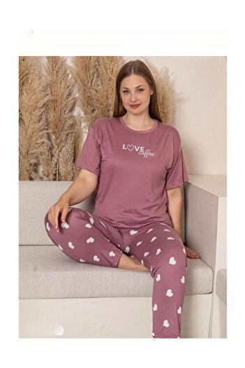 Sude Charme Women Plus Size Crew Neck Mi̇lan Lycra Short Sleeve Pajama Set K601/242 - 1 Piece