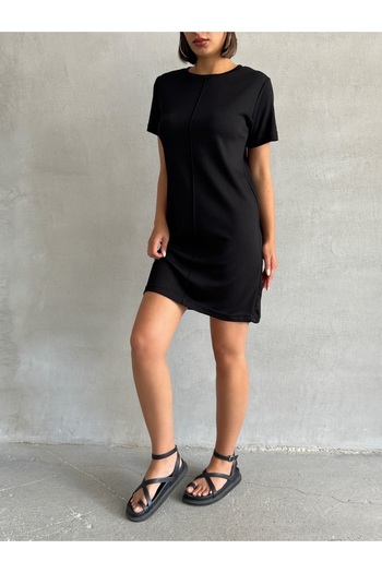 BEJNA Women's Black Crew Neck Soft Touch Dress
