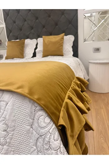 Becenhouse Bed Runner Set Double Ruffled Mustard Yellow 1 Piece for Home and Hotels. Runner 2 Pcs. Throw Pillow