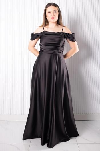 SUBU TASARIM Satin Evening Dress with Straps Black Tbs388
