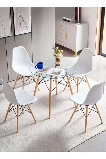 Taimi 5-Piece Dining Set – Round Tempered Glass Table 80x80x72cm with Wooden Legs & 4 White Chairs