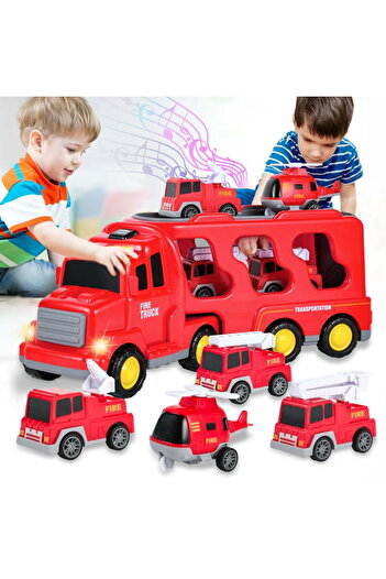 Yelajoy 5 in 1 Fire Car Truck Toys, With Carrier Vehicle and 4 Cars, Light and Sound, Gift for Kids 3+