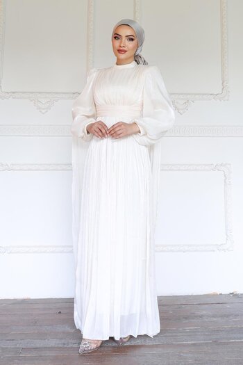 Olcay Yorgo Silk Hijab Evening Dress with Girdle and Cape Detail Ultramine 1237