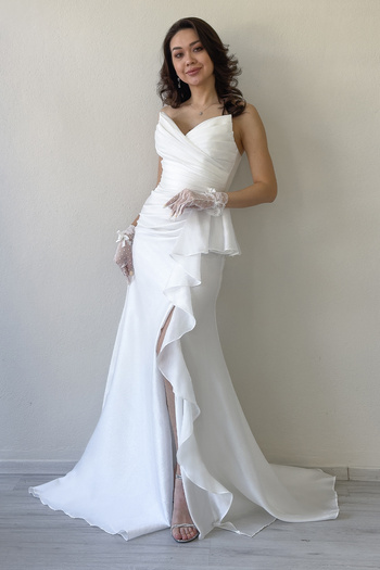 zks grup tekstil Women's Strapless Draped Back Detail Flange Slit Evening Dress White, Black