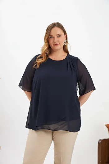 RMG Shoulder Stone Detailed Asymmetric Cut Plus Size Chiffon Blouse Navy Blue