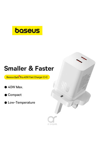 Baseus GaN5 Pro PD 40W Dual Type C Fast Charger Adapter for MacBook Pro, iPhone, Samsung - White