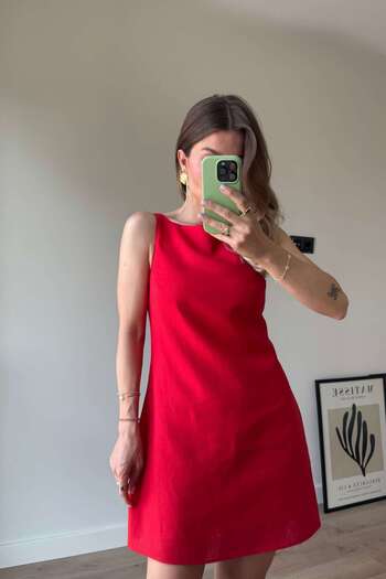 Sue Store Red Square Collar Strap Lined Premium Linen Dress